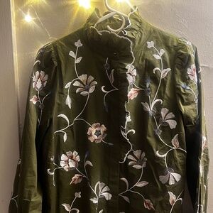 Sezane Coline Shirt Multicoloured Flowers On Khaki Background - Size 8